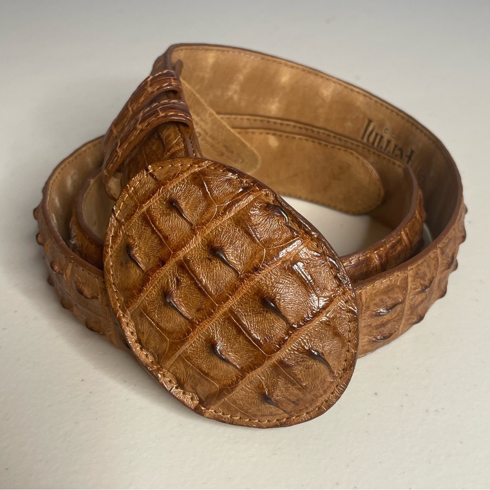 Ferrini Italy Hornback Nubuck brown Leather Belt with belt attached buckle Sz 40